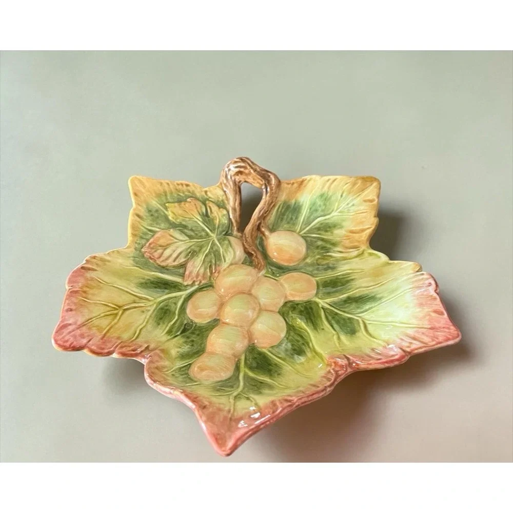 Fitz & Floyd Grape Vine Leaf Candy Nuts Trinket Bowl Dish Pastel Colors VTG